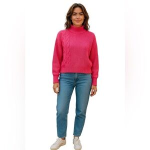 Express Cropped Vibrant Pink Cable Knit Chic Turtleneck Casual Sweater Women XS